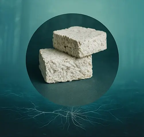 Circular photo with quadrants showing mushrooms grown on grain bags, logs, liquid fermentation, and in high-tech cleanroom environments