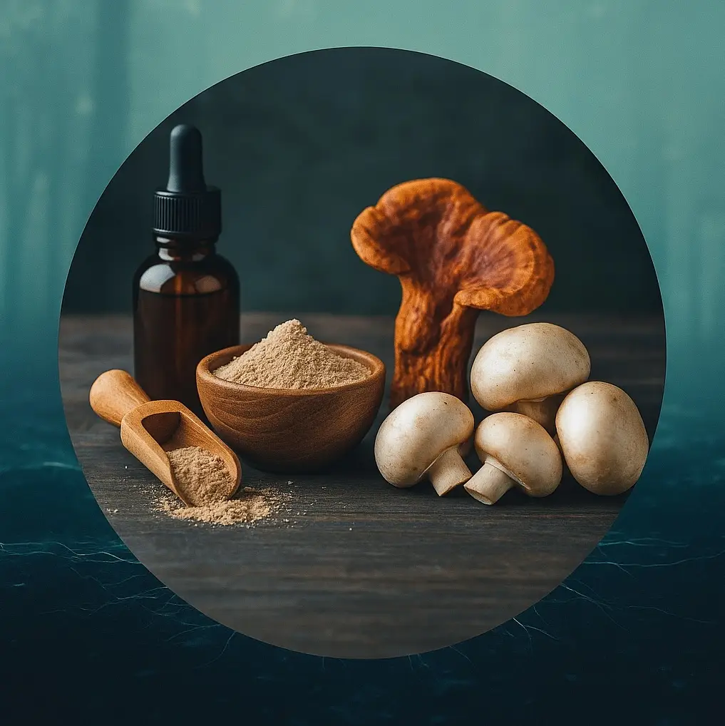 Circular image showing fresh mushrooms, powdered extract, and a glass tincture bottle arranged in a natural forest setting
