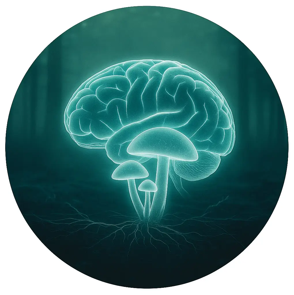 Circular image of a glowing human brain partially overlaid on a forest floor background